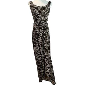 Lauren Ralph Lauren Geometric Print Maxi Dress Size 4 | Black & Cream Knot Front